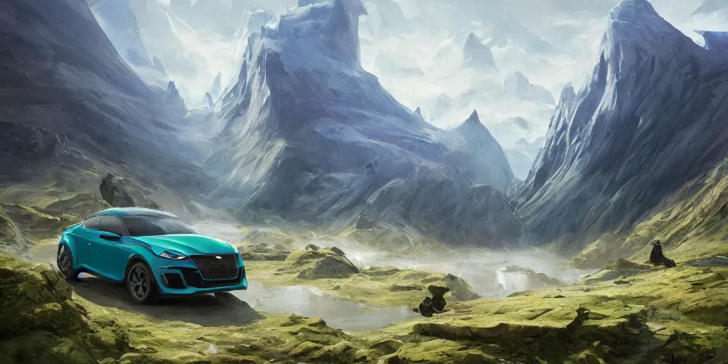 Image similar to wide angle, blue knight, green hatchback car, glacier landscape, norway, D&D, fantasy, intricate, elegant, highly detailed, digital painting, artstation, octane render, concept art, matte, sharp focus, illustration, hearthstone, art by Artgerm and Greg Rutkowski and Alphonse Mucha