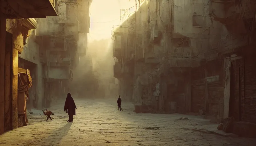 Prompt: old jeddah city alley, roshan, shops, a big magical glowing time portal, a nomad wearing a worn out coat, plants, kids, dramatic lighting sci fi, by caspar david friedrich by beeple and james gilleard and justin gerard, centered, artstation, smooth, sharp focus, photoreal octane render, 3 d, by jean baptiste monge