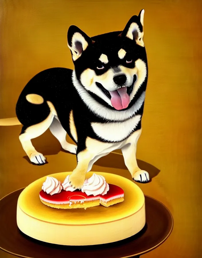 Image similar to a royal portrait of a shiba inu as a japanese cheesecake, oil on canvas, highly detailed, cinematic lighting, pretty