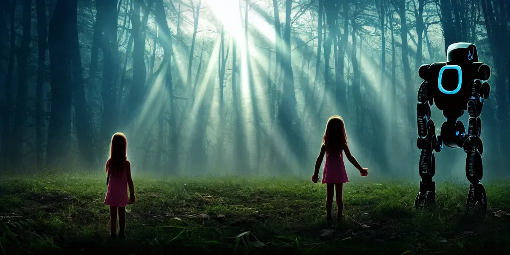 Prompt: sci - fi scene future new york, little girl holding a hand of a big robot, forest punk, crepuscular rays, epic scene, hyper realistic, photo realistic, overgrowth, cinematic atmosphere, ethereal lighting,