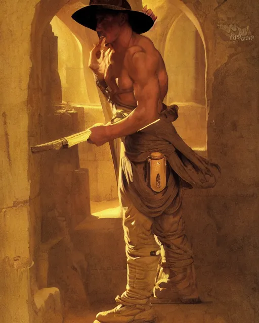 Prompt: doc savage in an egyptian tomb wearing jodhpers and knee high boots and no hat, fantasy character portrait, ultra realistic, concept art, intricate details, highly detailed by soft light, volumetric light, misty, william adolphe bouguereau, mucha, maxfield parrish