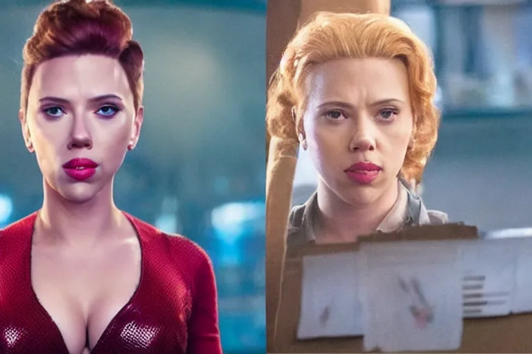 Image similar to scarlett johansson as an exaggerated caricature of a latina woman in the new movie directed by joss whedon, movie still frame, promotional image, critically condemned, top 6 worst movie ever imdb list, symmetrical shot, idiosyncratic, relentlessly detailed, limited colour palette