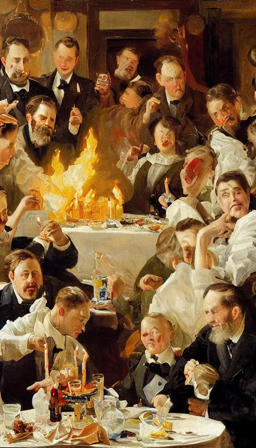 Prompt: still life painting of nuke explosion ruining a birthday party, by Peder Krøyer, dramatic lighting, epic, gargantuan, intricate detail, canvas print