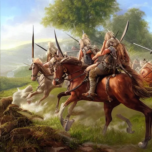 Image similar to a detailed oil painting of charging viking army on horseback over a lush valley + one heavy axe wielding viking warrior leading the brigade