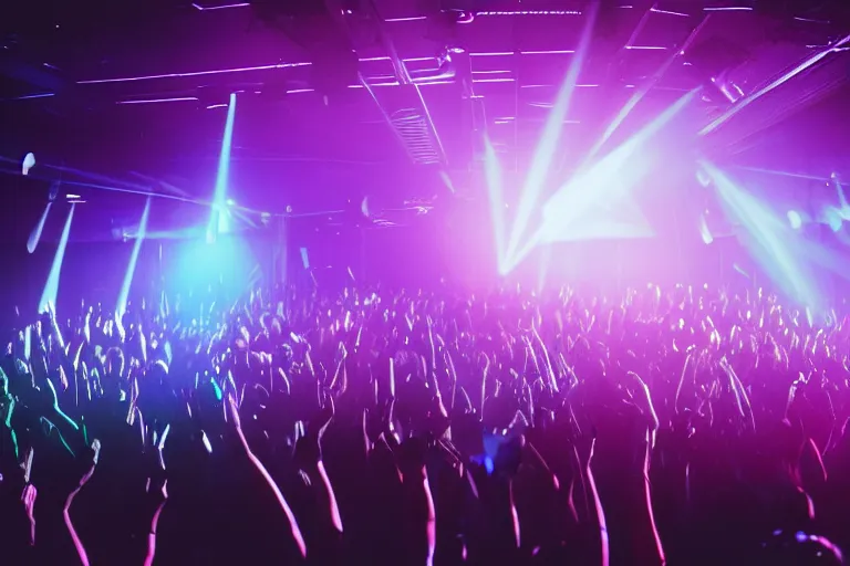 Prompt: dj on stage with raised hands, looking over crowd partying with their hands up at a club, volumetric lighting, haze, moving heads light beams, spot lights, disco ball, silhouette, digital art, trending on artstation, 4k, unreal engine, intricate, ornate