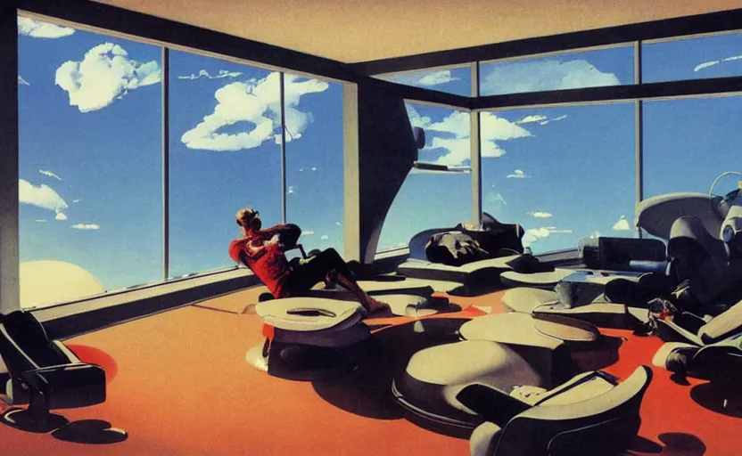 Image similar to a futuristic minimalist lounge room with a big window opening up to a wide open meadow with billowing clouds in the sky. highly detailed science fiction painting by norman rockwell, frank frazetta, and syd mead. rich colors, high contrast, gloomy atmosphere. trending on artstation.