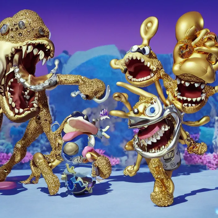 Image similar to jeff koons hip hop style street sharks wearing diamond grillz and a ton of bussdown iced gold bling in wallace & gromit claymation, ultra realistic, concept art, intricate details, serious, highly detailed, photorealistic, octane render, 8 k, unreal engine, art by todd mcfarlane and artgerm and greg rutkowski and alphonse mucha