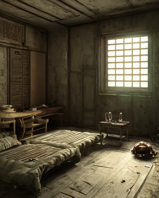 Image similar to artstation scifi scene of a shabby chinese rural room, earth kang, bookcasel lounge furniture, large terrarium, beds, paneled walls, unreal engine 5, hyper realism, realistic shading, cinematic composition, blender render, octane render, hdr, detailed textures, photorealistic, wide shot