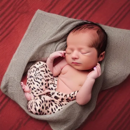 Prompt: newborn baby girl in a tiger patterned outfit with a calendar in the background showing the 1 4 th of august 2 0 2 2