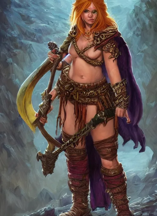 Image similar to midget female barbarian, ultra detailed fantasy, dndbeyond, bright, colourful, realistic, dnd character portrait, full body, pathfinder, pinterest, art by ralph horsley, dnd, rpg, lotr game design fanart by concept art, behance hd, artstation, deviantart, hdr render in unreal engine 5