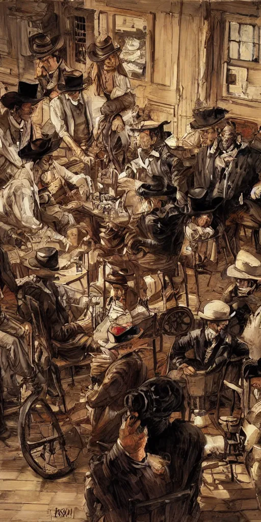 Image similar to oil painting scene from saloon by kim jung gi