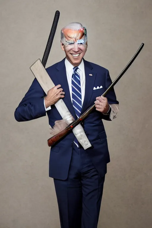 Prompt: Joe Biden smiling with a katana in each hand, AP photography, full body portrait