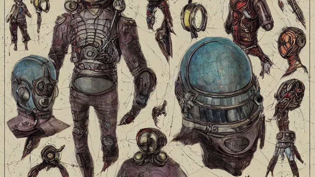 Prompt: aged paper, concept art, colorful character sheet for a male extraterrestrial warlord wearing victorian diving helmet, retrofuture, fantastic planet, moebius, valerian, coherent, illustration, digital art, trending on artstation, hd, 8 k, good lighting, beautiful, rough paper, masterpiece