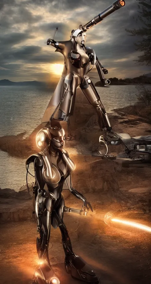 Image similar to a decadent futuristic sportscar designed by pinifarina and female robot holding a bazooka at a lake in ancient greece, hdr, hyperrealistic, photorealistic, bokeh, volumetric lighting, sunrise background, production i. g. studios style