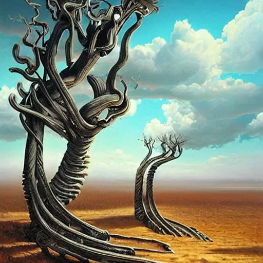 Prompt: a normal doorway leading to an endless twisting inverted nightmare landscape, rhads!, strange trees and clouds, ( h. r. giger )