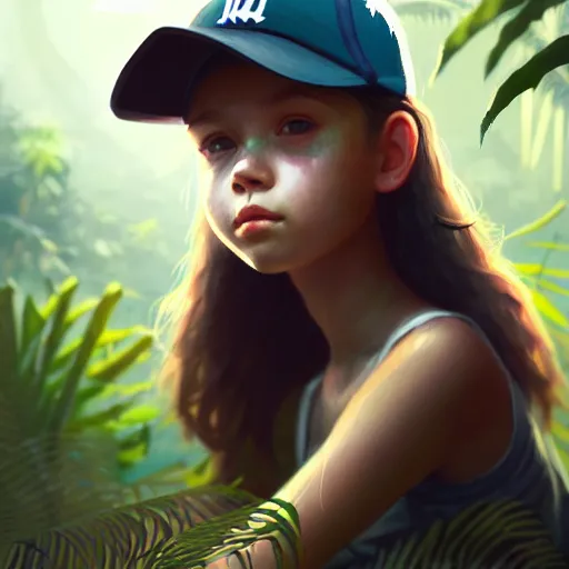 Prompt: portrait of cute young girl, wearing baseball cap, lonely, jungle clothing, survivor, jungle setting, bokeh, sharp focus, character art, illustration, digital painting, trending on artstation, greg rutkowski.