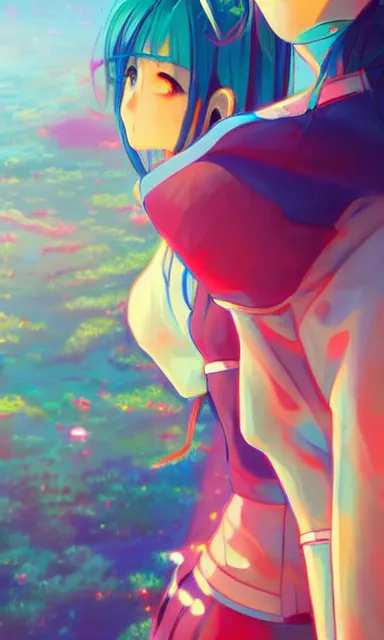 Image similar to a colorful anime scene of a girl, detailed background, portrait, artgerm, artstation, by artists rossdraws and studio ghibli