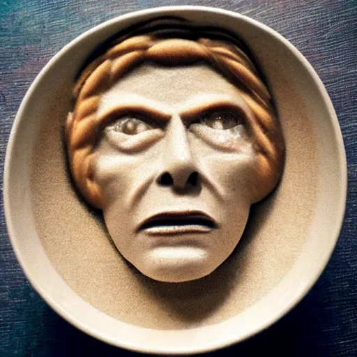 Prompt: a cereal bowl in a shape of bowie face, space oddity,