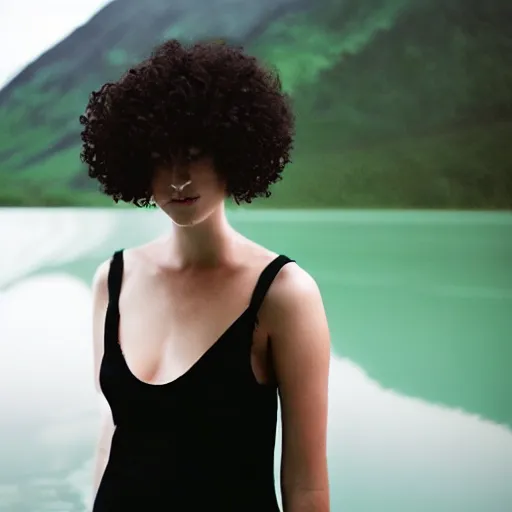 Prompt: portrait of a woman standing in a lake, short black curly hair, by marat safin