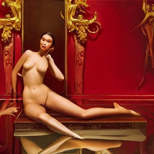 Prompt: Bella Hadid full body laying in a blood red pool of water between a golden mirror frame, outside is space and inside the mirror frame is a beautiful landscape., physically accurate, dynamic lighting, intricate, elegant, highly detailed, very very Roberto Ferri, sharp focus, illustration, art