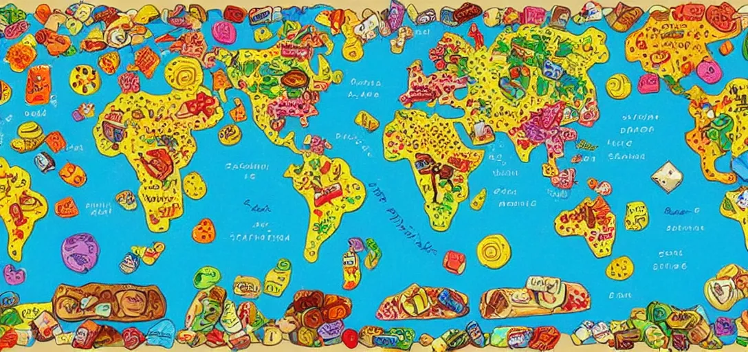 Prompt: an accurate world map made of candy, in the style of a treasure map