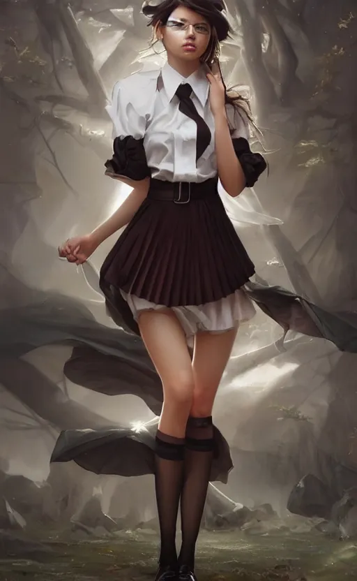 Image similar to a beautiful woman with school uniform, seifuku, pleated miniskirt, overknee socks, adriana lima, painted by artgerm and tom bagshaw, fantasy art, dramatic lighting, highly detailed oil painting, volumetric lighting