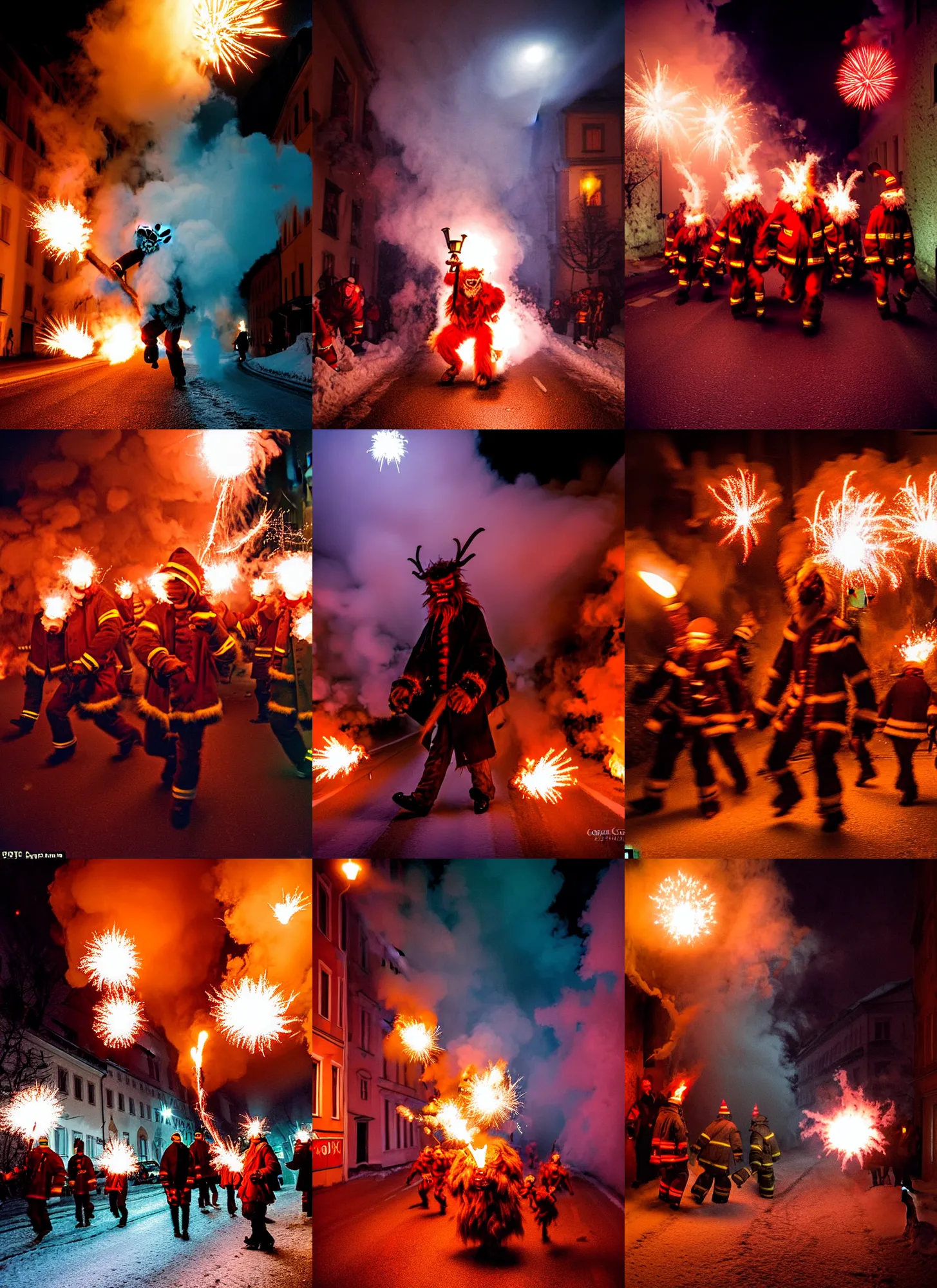 Prompt: kodak portra 4 0 0, winter, hellfire, award winning dynamic photograph of a bunch of hazardous krampus between exploding fire barrels by robert capas, motion blur, in a narrow lane in salzburg at night with colourful pyro fireworks and torches, teal lights