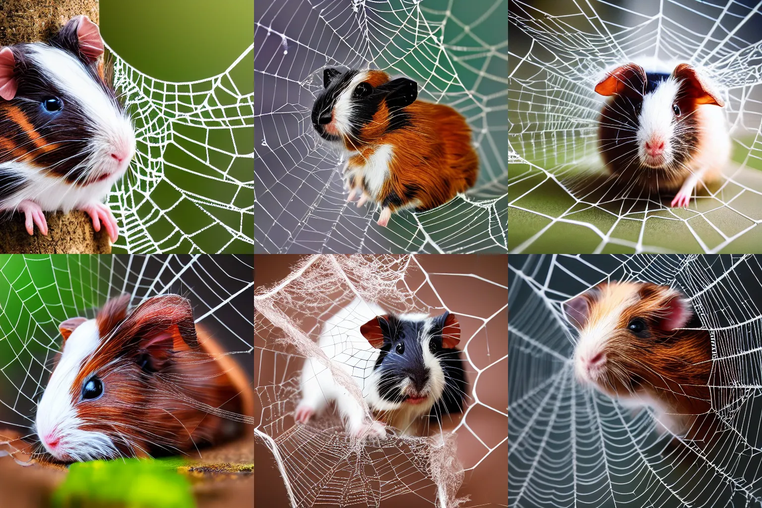 Prompt: a realistic photo render of a hybrid animal cross between spider and guinea pig sitting in a cobweb, macro photography, national geographics, 4 k