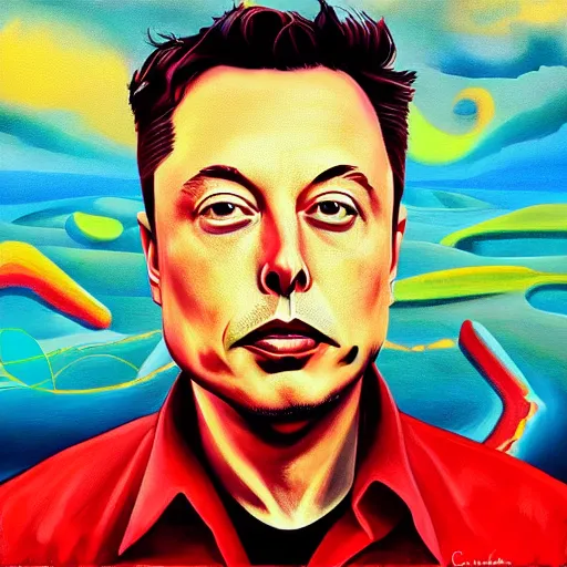 Image similar to Surrealist Portrait painting of Elon Musk, album cover