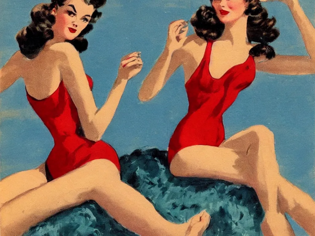 Image similar to 1950s vintage art of a beautiful model with dark curly hair and round blue eyes in a red swimsuit, high quality, highly detailed, vintage art, 1950s, vivid