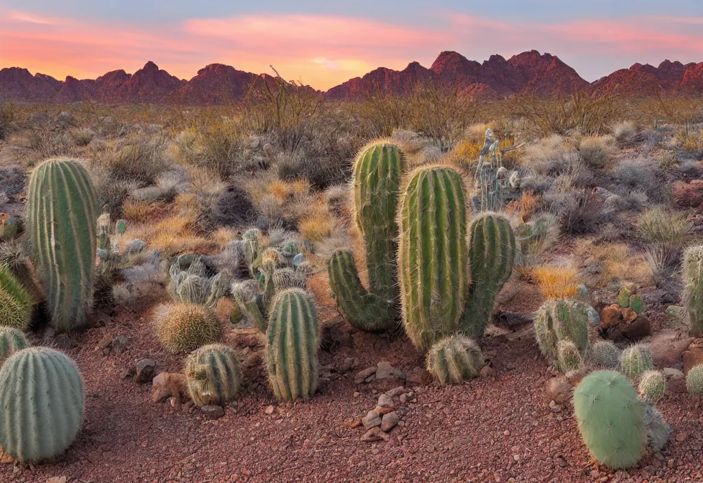 Prompt: Desert landscape at sunrise, cactus, rock formations