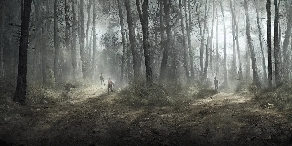 Prompt: a dirt road in a forrest a night with hundreds of zombies rushing toward the viewer, hoard, can't be stopped, hyper detailed, horror movie, volumetric, cinematic