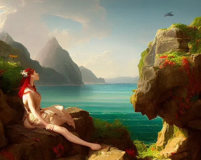 Image similar to a painting of a woman sitting on a rock overlooking an island, a digital painting by thomas cole, cgsociety, metaphysical painting, 2 d game art, storybook illustration, detailed painting