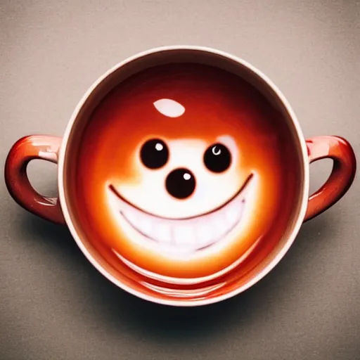 Prompt: a creepy smiling face with open mouth peering out of a teacup, photograph, haunting image