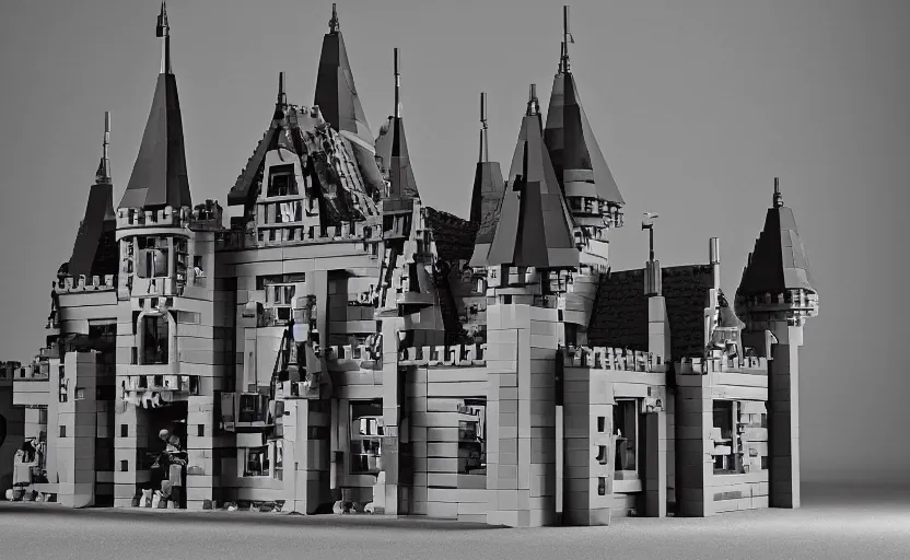 Image similar to an old black-and-white photograph of a Lego castle