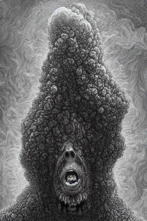 Prompt: an old fractal man screams and a tornado comes out of his mouth by artgem and gustave dore, highly detailed and colored, high contrast, trippy, nebula, trending on artstation