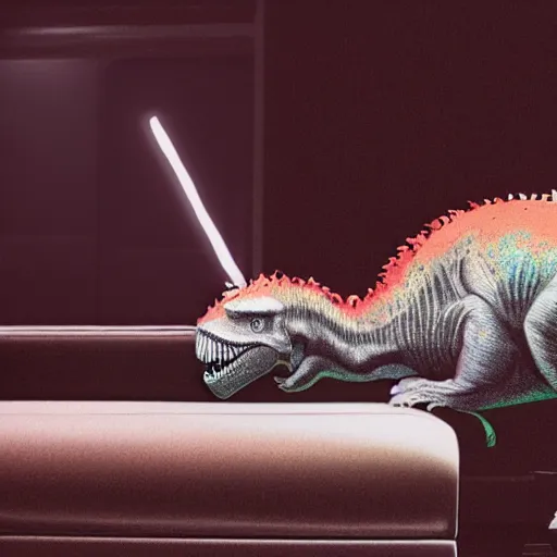 Image similar to photorealistic image of a t - rex laying on a couch and listening to music, shot in a professional studio