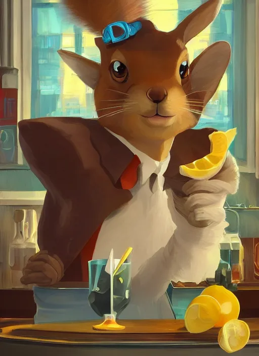 Prompt: squirrel anthro as a dapper bartender with a big, fluffy tail, retro futurism, art deco, detailed, painterly digital art by WLOP and Cory Loftis and Dod Procter, 🐿🍸🍋, furaffinity, trending on artstation