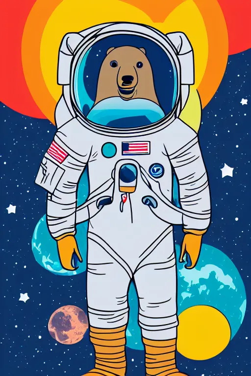 Prompt: A portrait of a bear as an astronaut on the moon, sticker, colorful, illustration, highly detailed, smooth and clean vector curves, no jagged lines, vector art, smooth