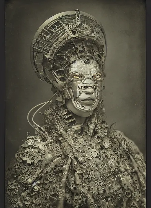 Prompt: old wetplate daguerreotype frame portrait of a futuristic silver armored geisha district 9 cyborg, parallax, fractal, intricate, elegant, highly detailed, subsurface scattering, by jheronimus bosch and greg rutkowski and louis jacques mande daguerre