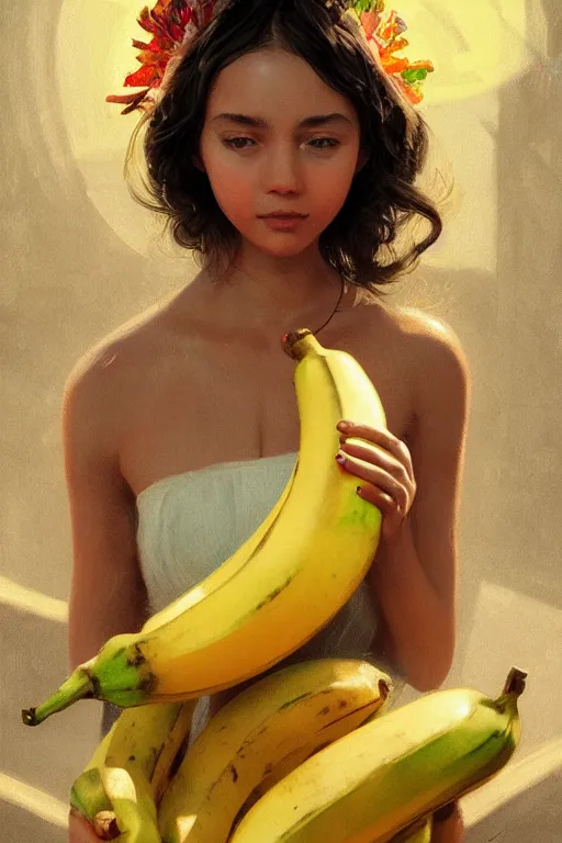 Image similar to portrait of mexican girl with a banana fruit skirt, staring directly into camera, intricate, elegant, glowing lights, highly detailed, digital painting, artstation, sharp focus, illustration, art by wlop, mars ravelo and greg rutkowski