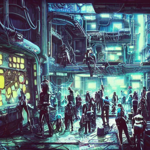 Image similar to highly detailed crowded future apartment complex, punk, grunge, jim henson creature shop, robots humans and extraterrestrials, inside a crowded space station, 1 9 8 0 s science fiction, 1 9 7 0 s science fiction, alien 1 9 7 9, cyberpunk, 3 d oil painting, depth perception, 4 k, artstation
