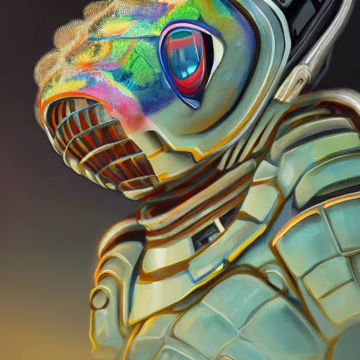 Prompt: ultra realist and ultra intricate detailed soft painting of a sci fi mantis shrimp, from the waist up, sci-fi helmet, symmetry features, sensual gloomy style, volumetric clouds, cyberpunk burning building background, artstation, unreal render, depth of field