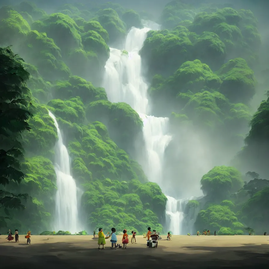 Prompt: Goro Fujita illustrating Front view of a gigantic waterfall surrounded by the Amazon, there are no animals or people, only vegetation, concept art, sharp focus, ArtStation