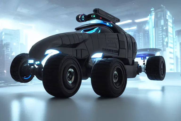 Image similar to still photo of a futuristic cyberpunk remote control truck, highly detailed, photorealistic portrait, bright studio setting, studio lighting, crisp quality and light reflections, unreal engine 5 quality render