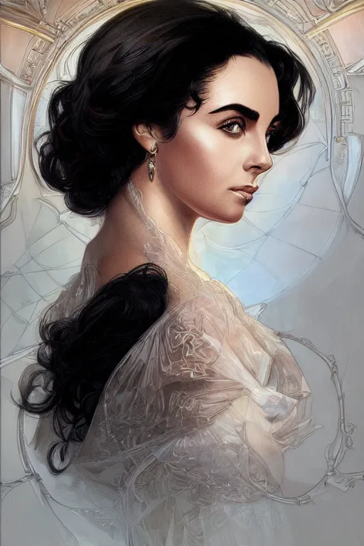 Prompt: symmetry!! portrait of young elizabeth taylor, intricate, elegant, highly detailed, digital painting, artstation, concept art, smooth, sharp focus, illustration, art by artgerm and greg rutkowski and alphonse mucha
