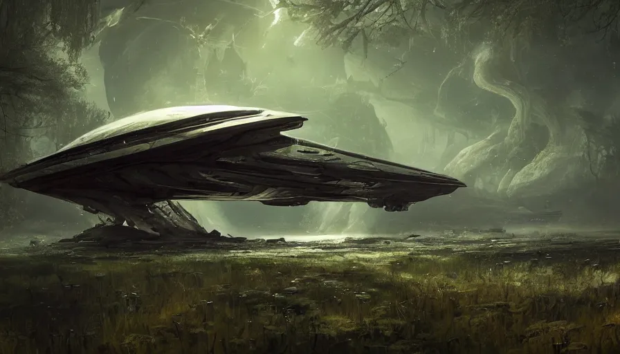 Prompt: a beautiful painting of a crashed alien space ship in a swamp, ray traced lighting by kalin popov and greg rutkowski