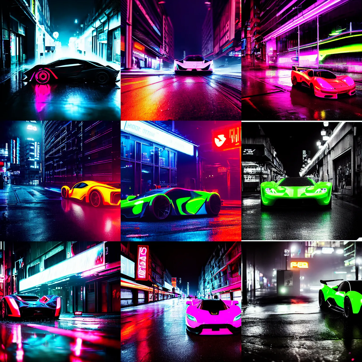 Prompt: a neon hypercar in the dark and rainy city street by Liam Wong