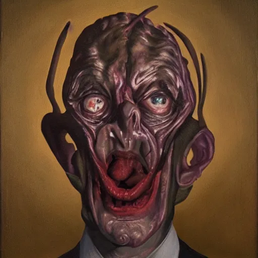 Image similar to Oil painting by Christian Rex Van Minnen of a portrait of an extremely bizarre disturbing mutated man with intense chiaroscuro lighting perfect composition