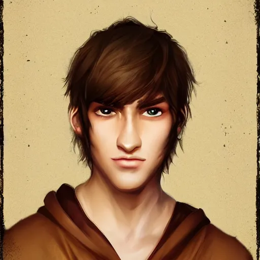 Image similar to realistic portrait, 25 years old man :: athletic fantasy mage :: green eyes, long brown hair :: wearing a brown robe :: high detail, digital art, RPG, concept art, illustration